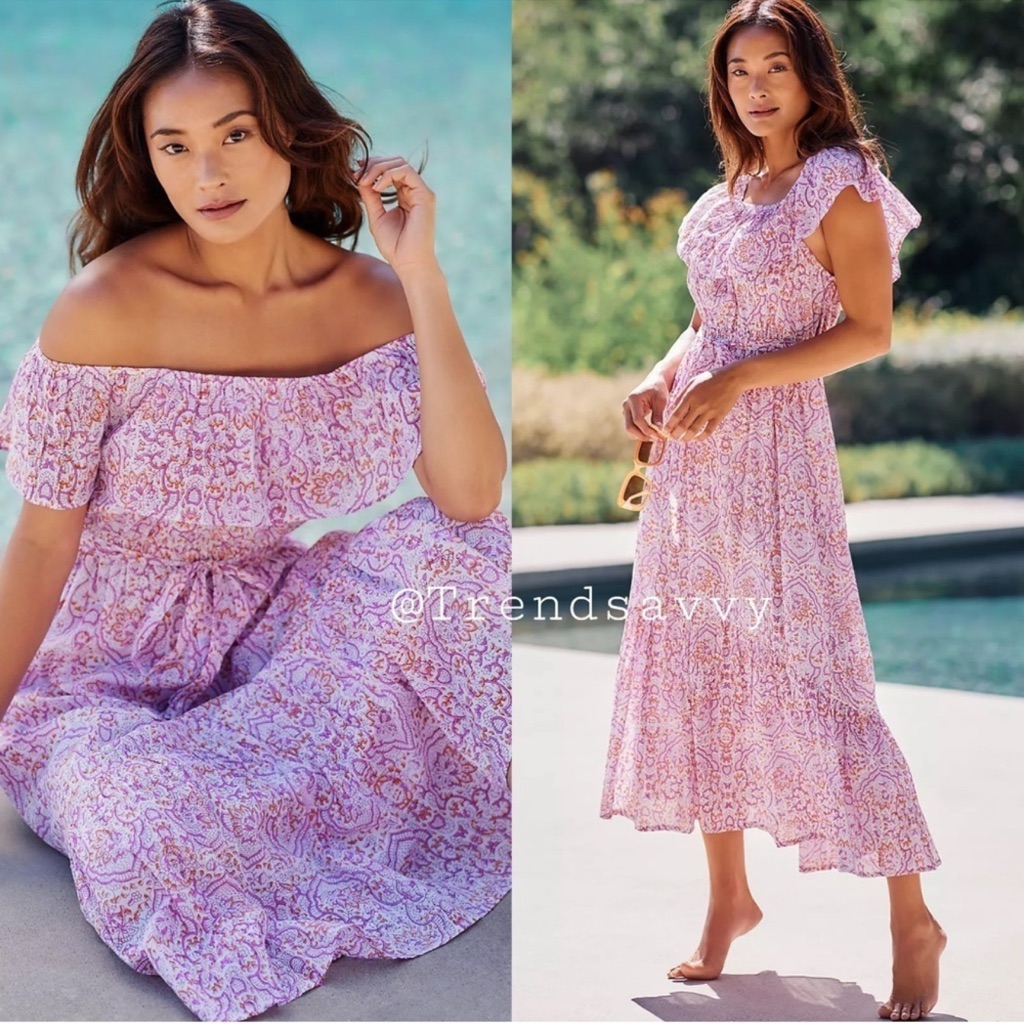 Anthropologie Mer St Barth Juliette Pink Floral Off Shoulder Maxi Dress Size S